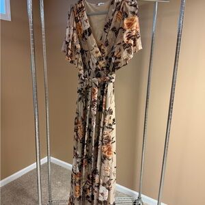 Baltic Born Beige Floral Wrap Maxi Dress with Brown and Gold Roses